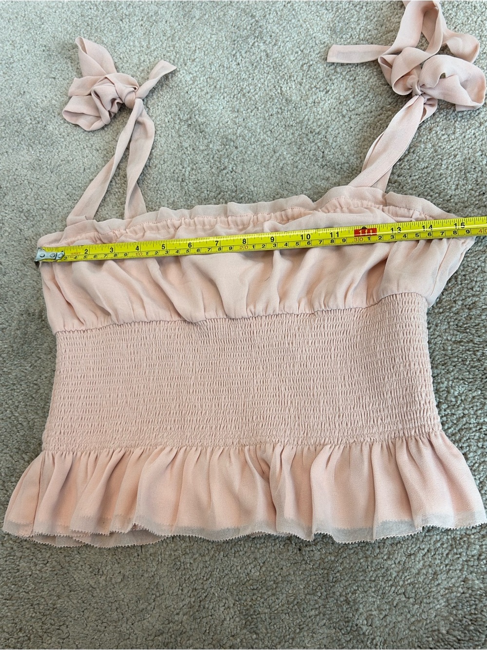 Aritzia Wilfred Blush Pink Smocked Tie-Shoulder Peplum Top Romantic Sz M - Picture 9 of 14